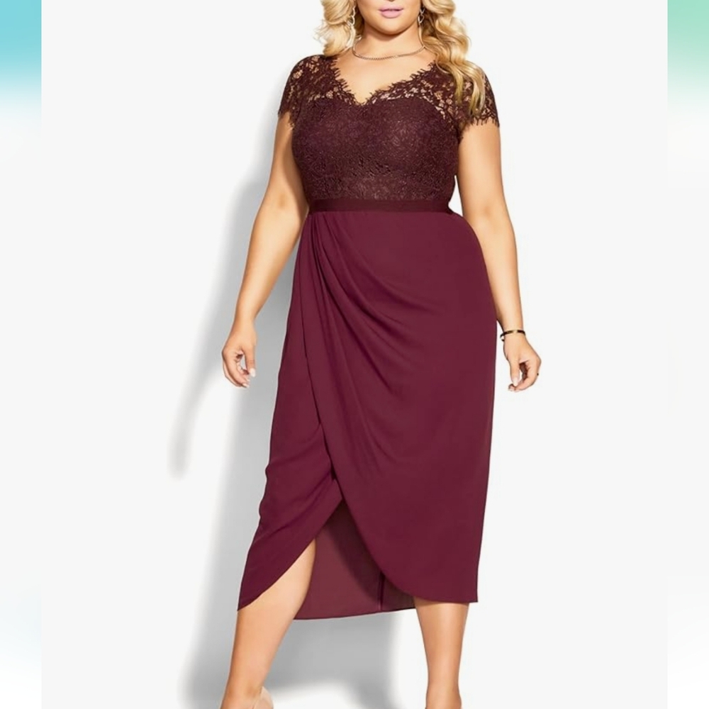CITY CHIC NWT Chelsea Lace Faux Wrap Short Sleeve Illusion Dress In Bordeaux XXS